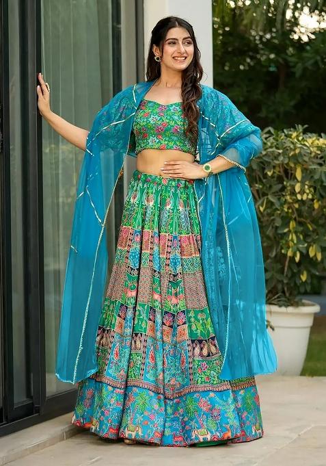 Green Printed Silk Lehenga Choli