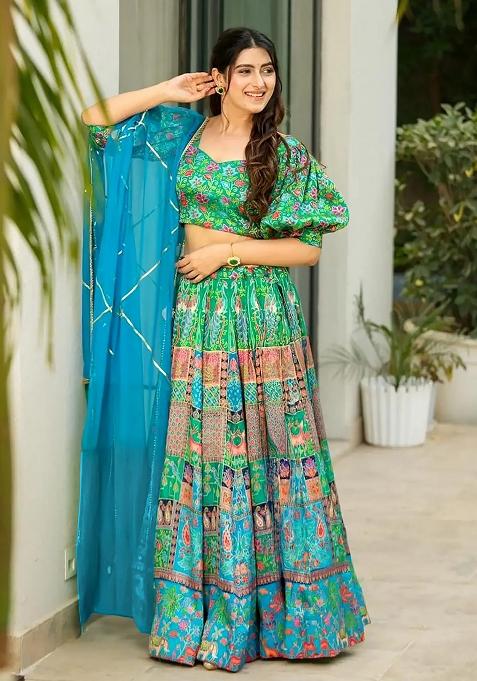 Green Printed Silk Lehenga Choli