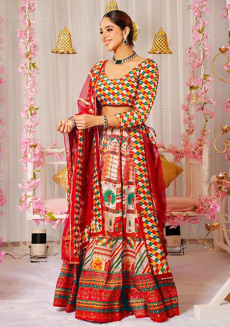 Multi Printed Silk Lehenga Choli