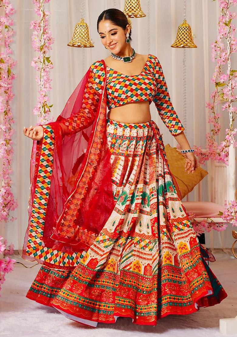 Multi Printed Silk Lehenga Choli