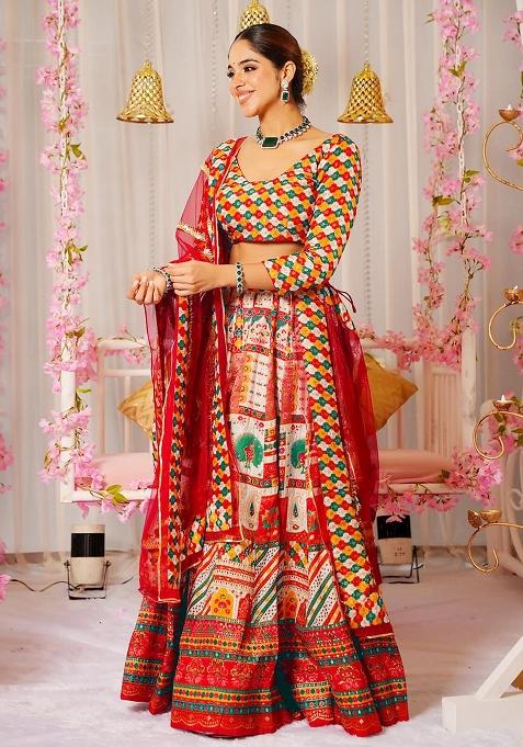 Multi Printed Silk Lehenga Choli