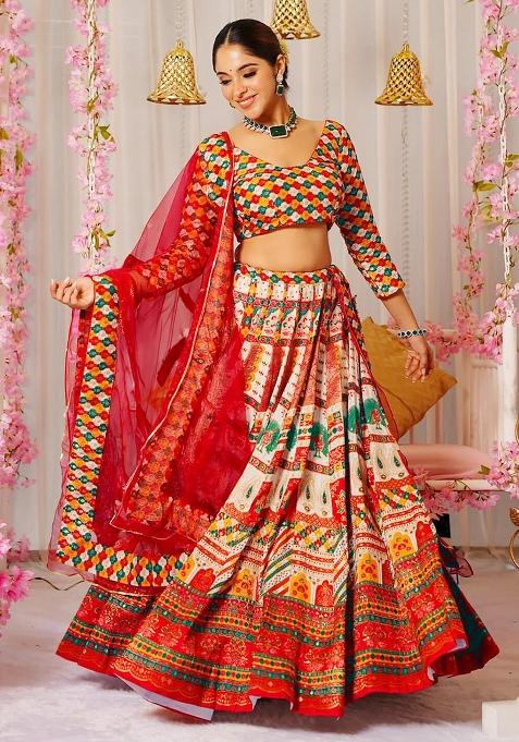 Multi Printed Silk Lehenga Choli