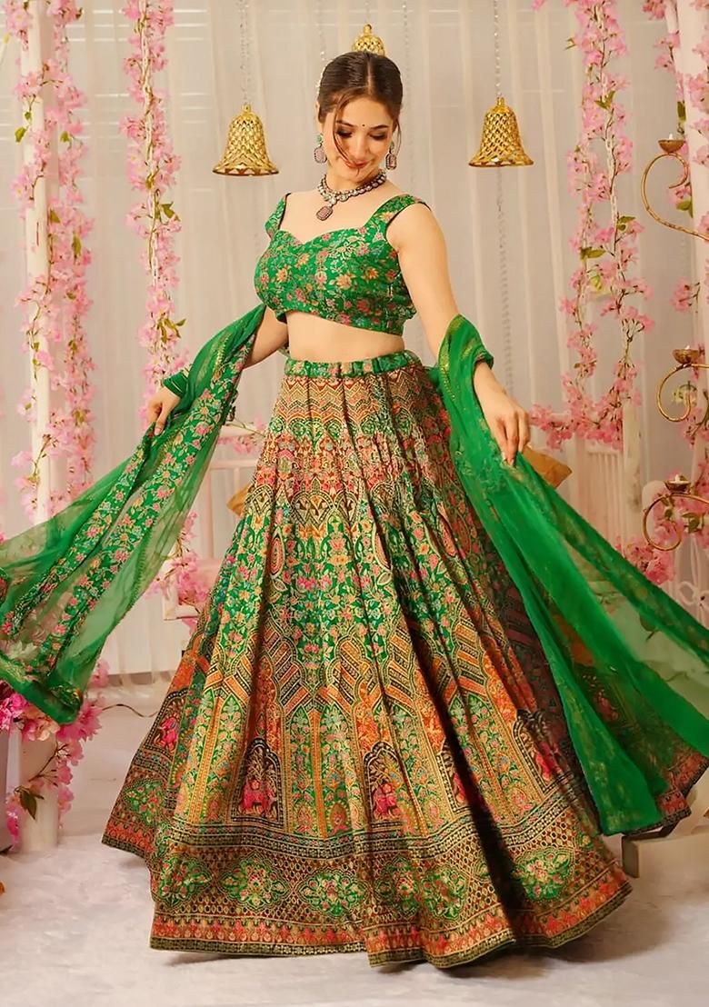Green Printed Silk Lehenga Choli