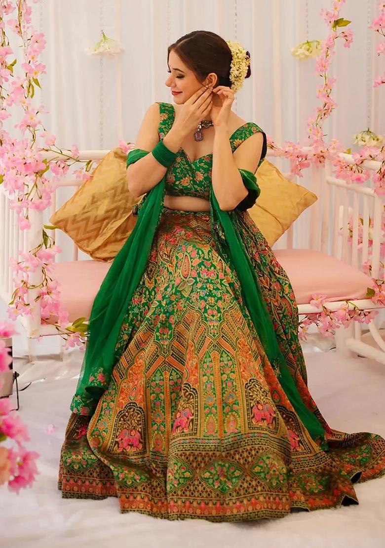 Green Printed Silk Lehenga Choli