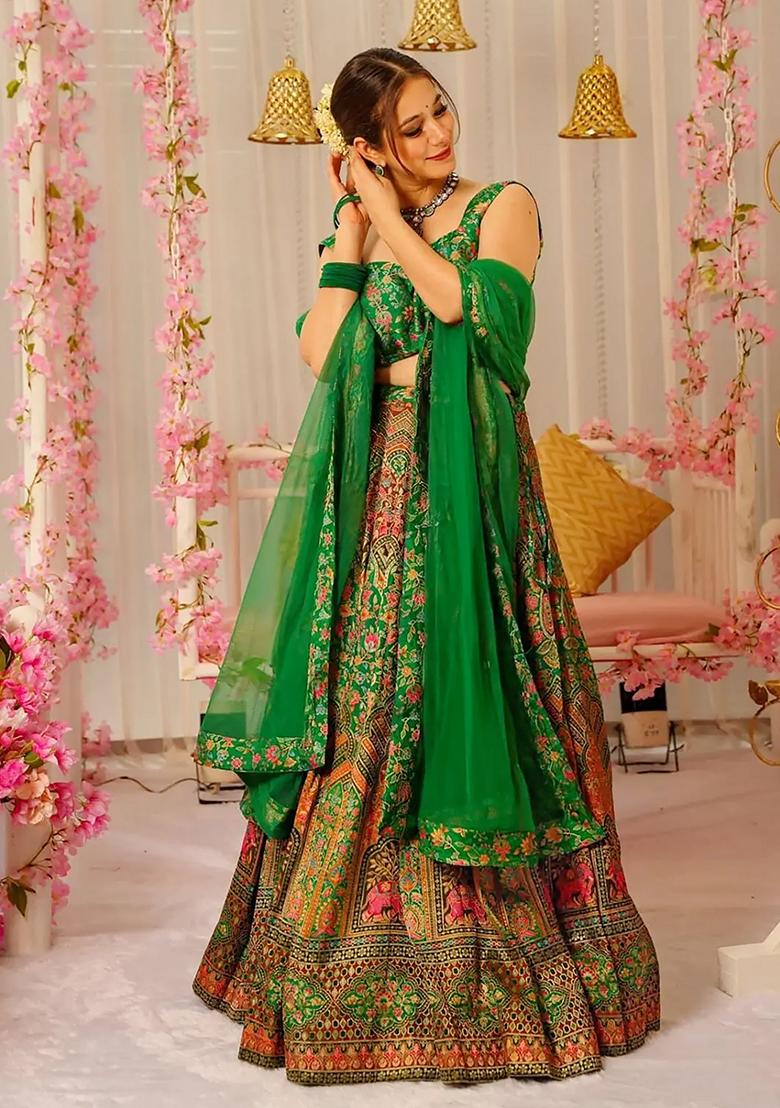 Green Printed Silk Lehenga Choli