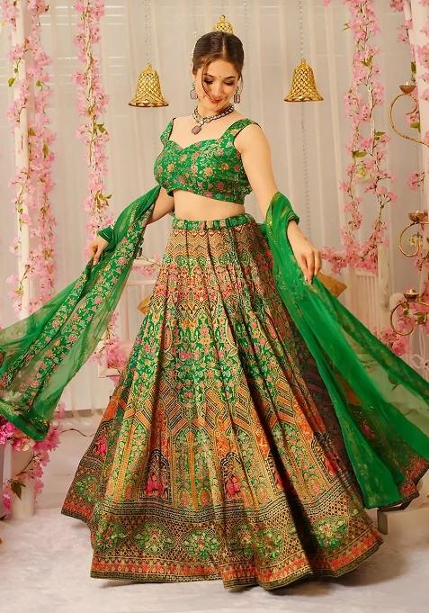 Green Printed Silk Lehenga Choli