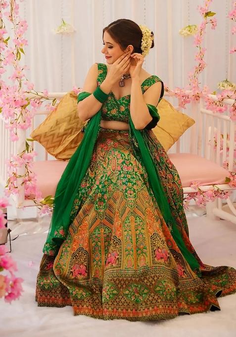 Green Printed Silk Lehenga Choli
