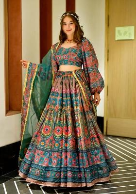Blue Printed Silk Lehenga Choli