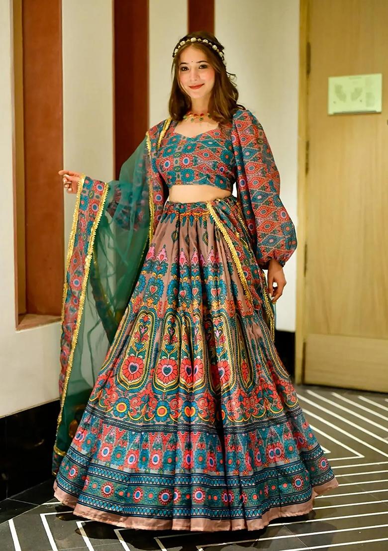 Blue Printed Silk Lehenga Choli