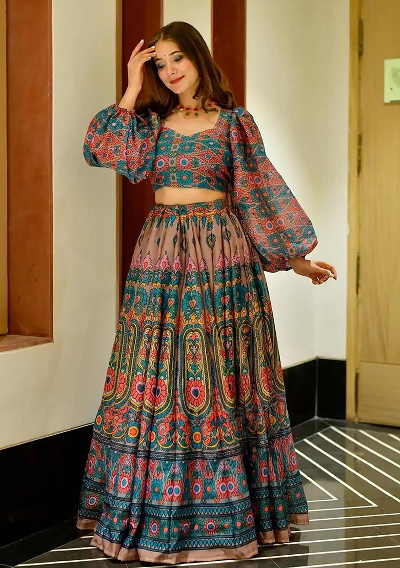 Blue Printed Silk Lehenga Choli