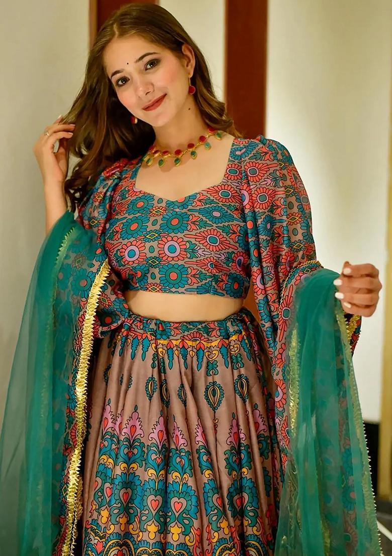 Blue Printed Silk Lehenga Choli