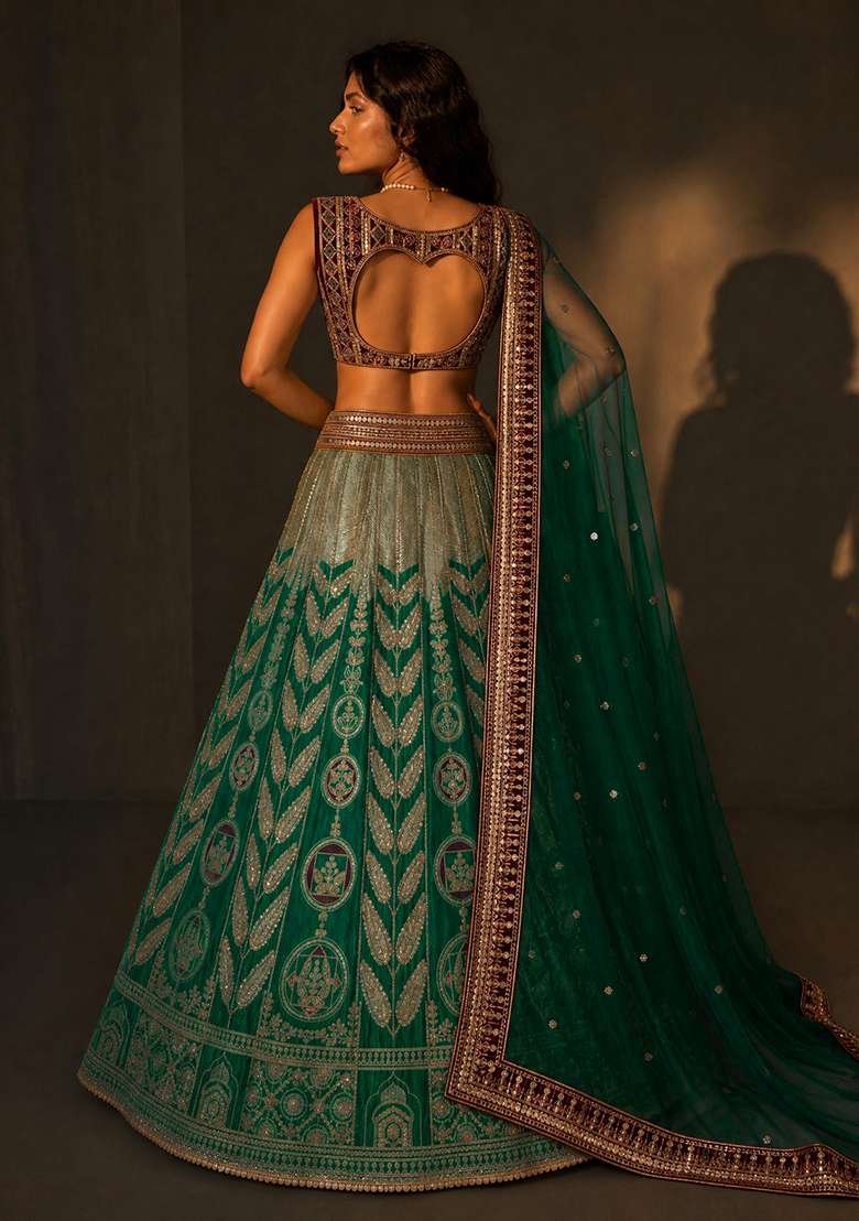 Green Work Choli Silk Blend Lehenga with Sequins for Diwali | Wedding & Festive Wear - Indya
