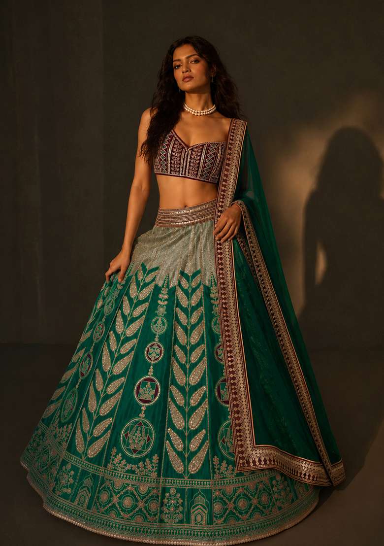 Green Work Choli Silk Blend Lehenga with Sequins for Diwali | Wedding & Festive Wear - Indya