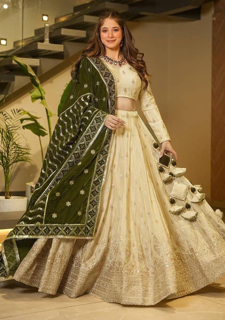 Beige Sequins Work Silk Lehenga Choli