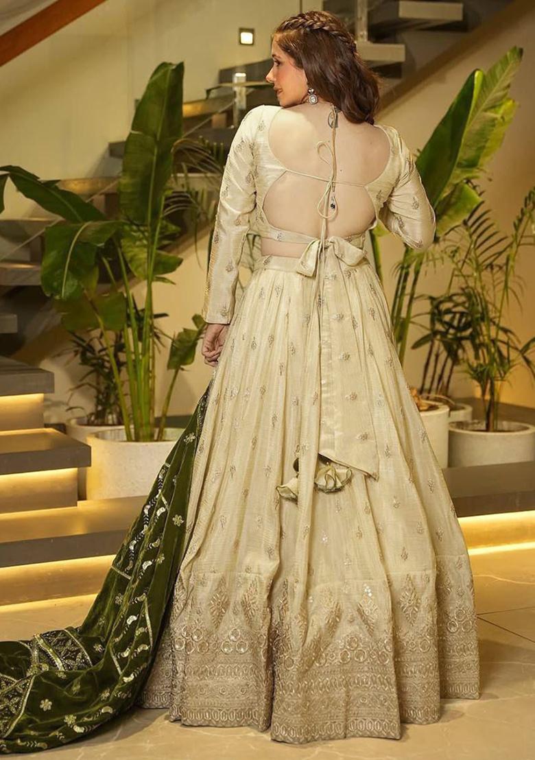Beige Sequins Work Silk Lehenga Choli