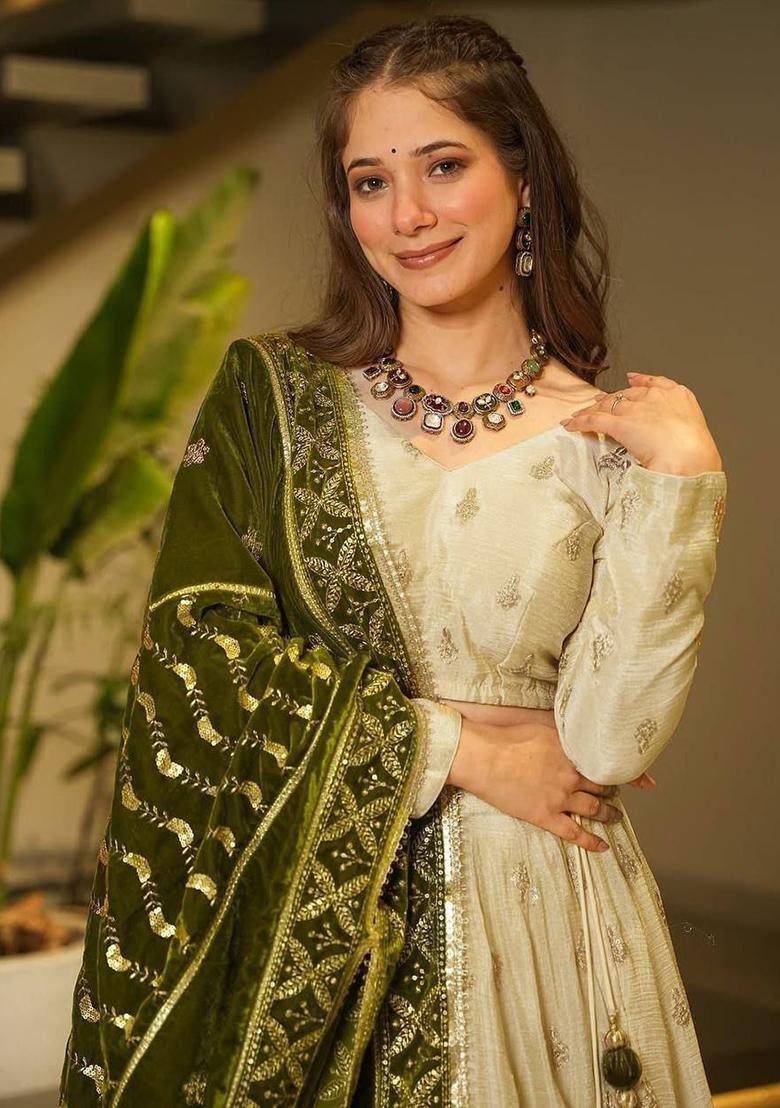 Beige Sequins Work Silk Lehenga Choli