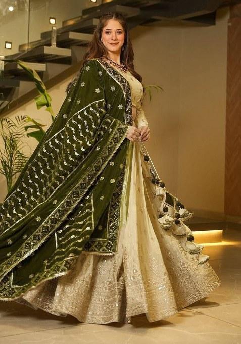 Beige Sequins Work Silk Lehenga Choli