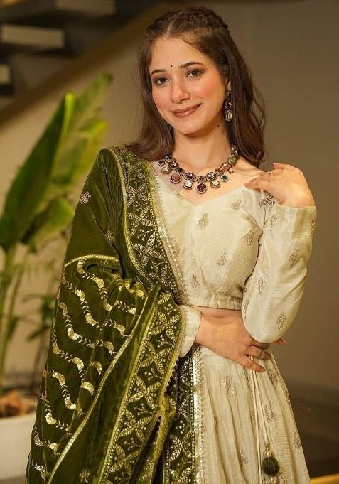 Beige Sequins Work Silk Lehenga Choli