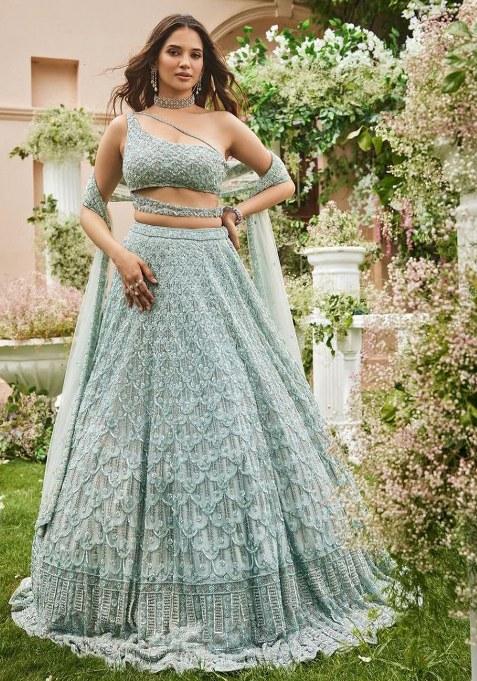 Green Sequins Work Net Lehenga Choli