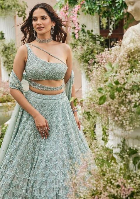 Green Sequins Work Net Lehenga Choli