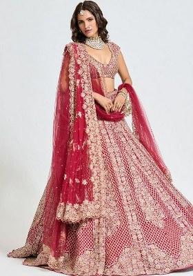 Red Sequins Work Malai Satin Lehenga Choli