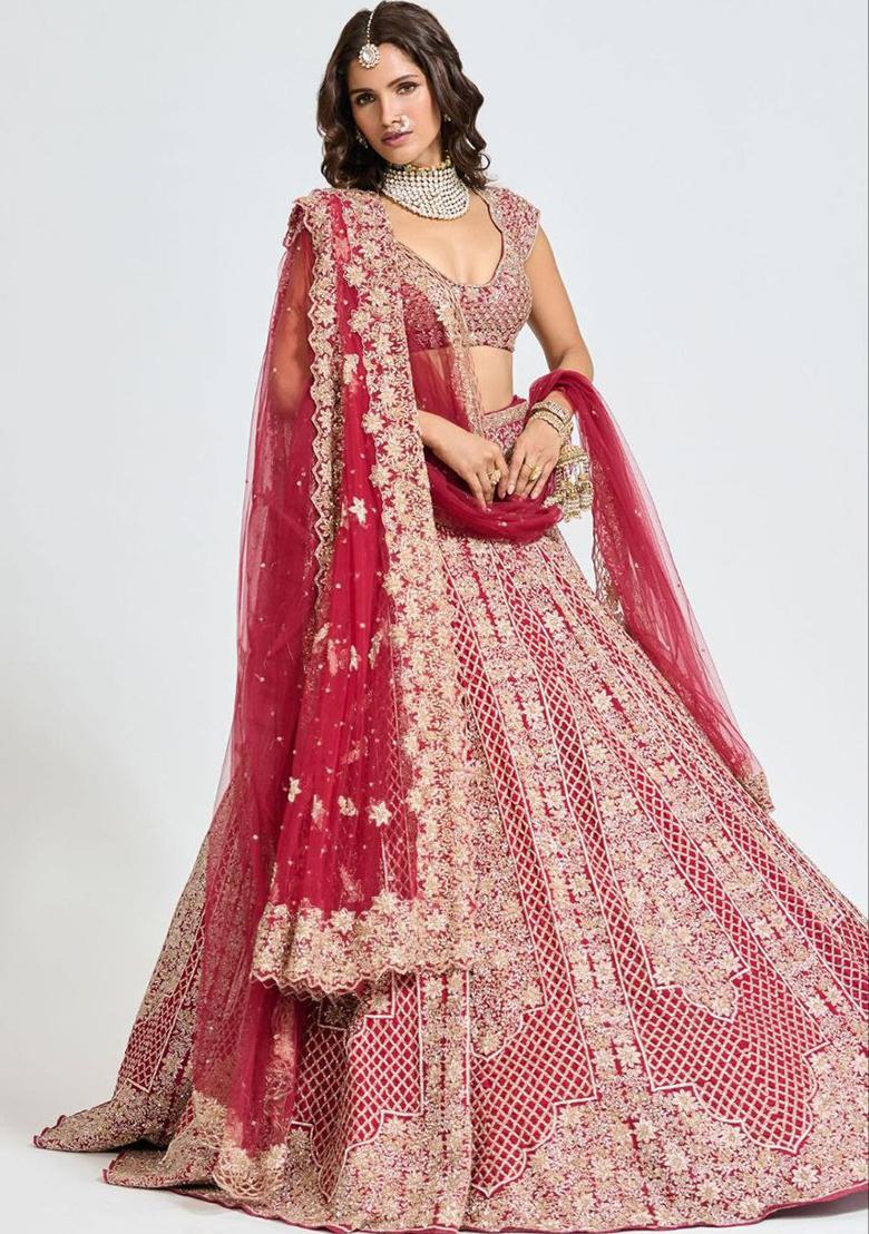 Red Sequins Work Malai Satin Lehenga Choli