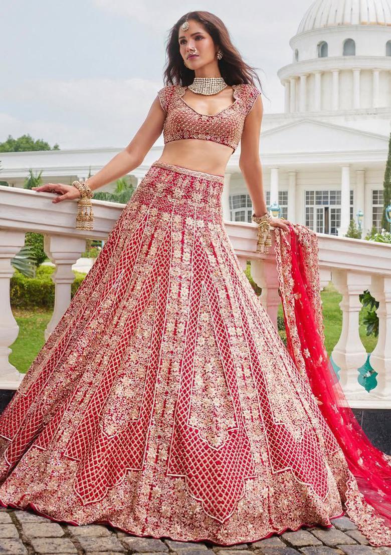 Red Sequins Work Malai Satin Lehenga Choli