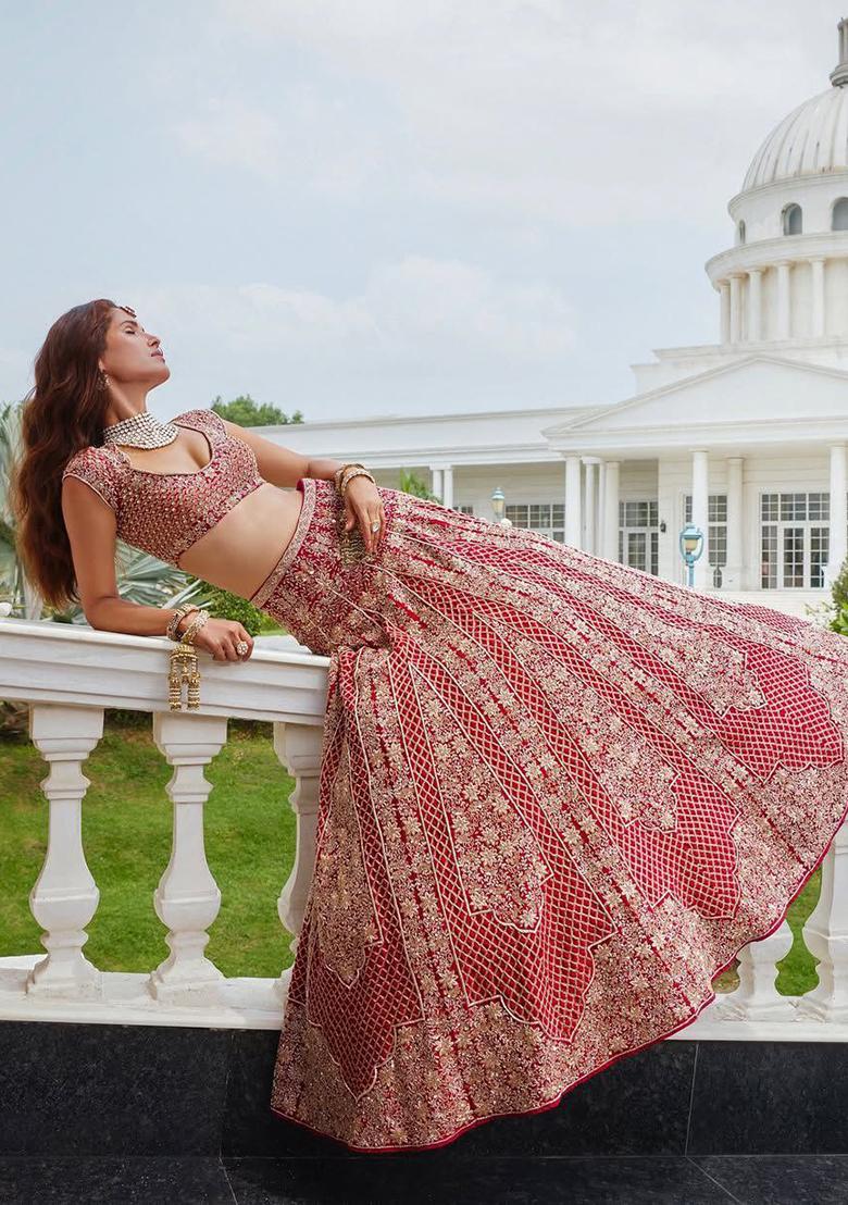 Red Sequins Work Malai Satin Lehenga Choli