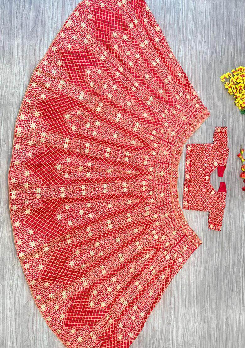 Red Sequins Work Malai Satin Lehenga Choli