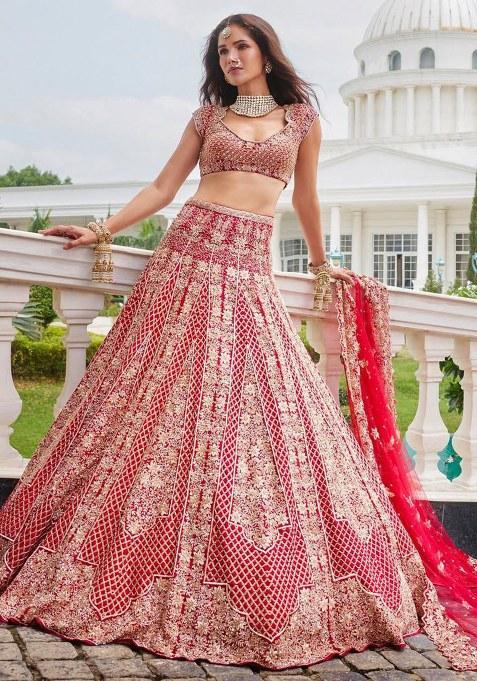 Red Sequins Work Malai Satin Lehenga Choli