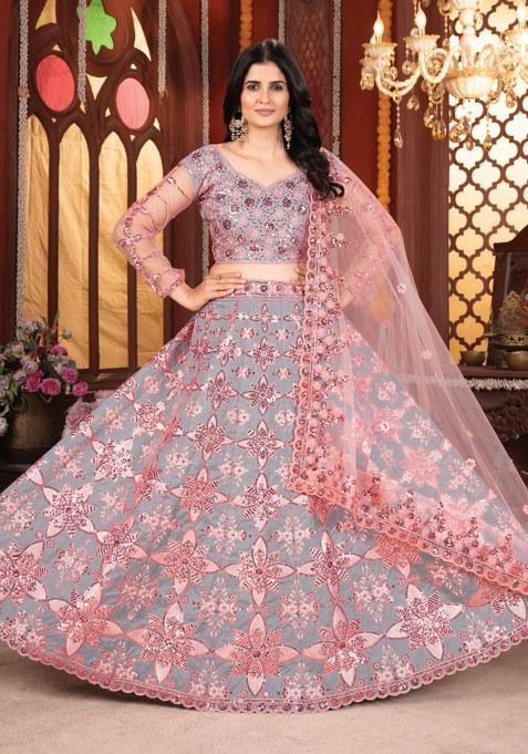 Grey Sequins Work Silk Lehenga Choli