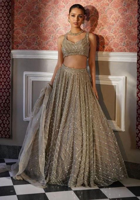 Grey Sequins Work Silk Lehenga Choli