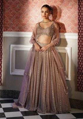 Peach Sequins Work Faux Georgette Lehenga Choli