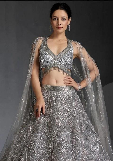 Grey Sequins Work Faux Georgette Lehenga Choli