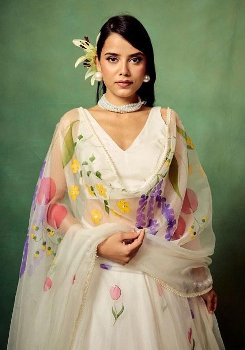 Beige Sequins Work Silk Lehenga Choli