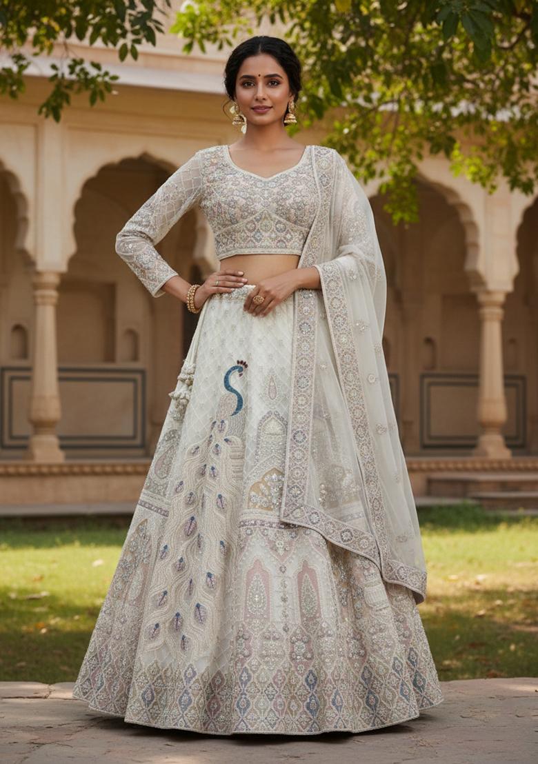 White Sequins Work Net Lehenga Choli