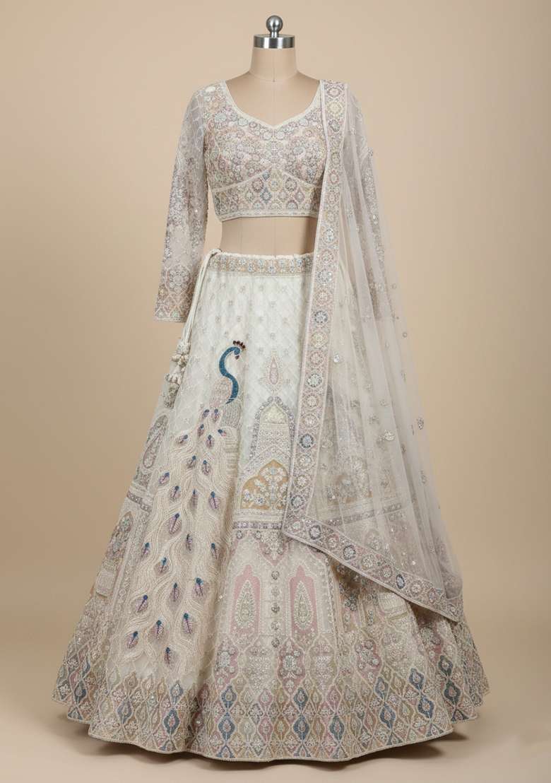 White Sequins Work Net Lehenga Choli for Diwali and Festive Wear - Indya