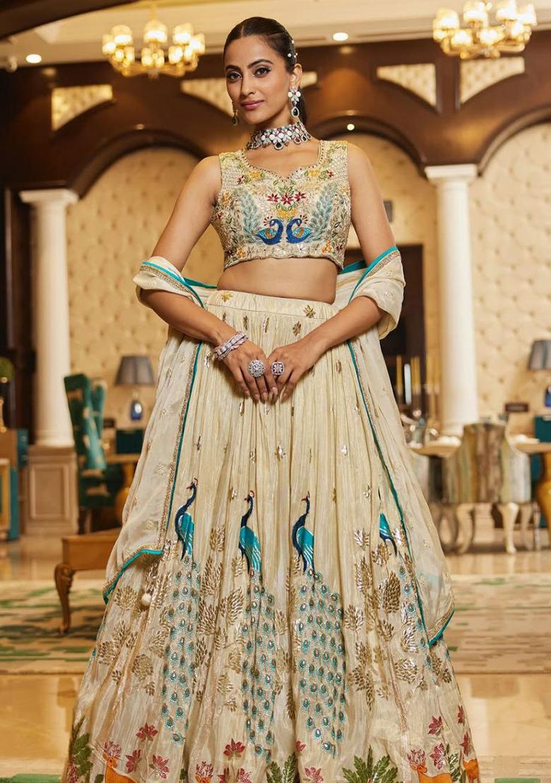 Beige Sequins Work Silk Lehenga Choli