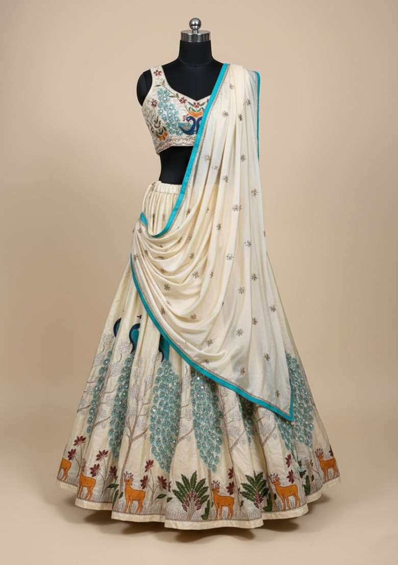 Beige Sequins Work Silk Blend Lehenga Choli for Diwali and Festive Wear - Indya