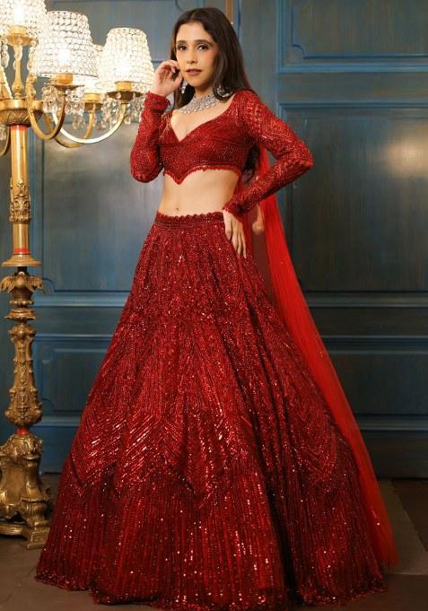 Red Sequins Work Faux Georgette Lehenga Choli