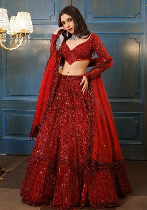 Red Sequins Work Faux Georgette Lehenga Choli