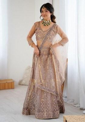 Peach Sequins Work Net Lehenga Choli