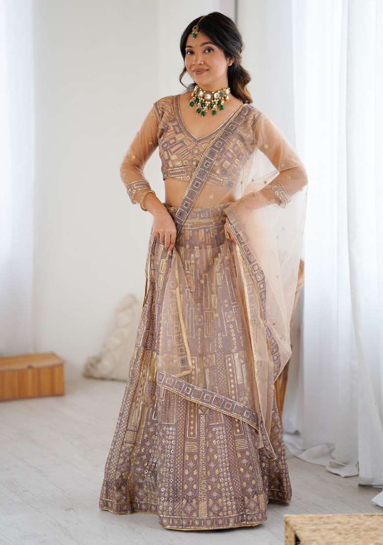 Peach Work Choli Net Lehenga with Sequins for Diwali | Wedding & Festive Wear - Indya
