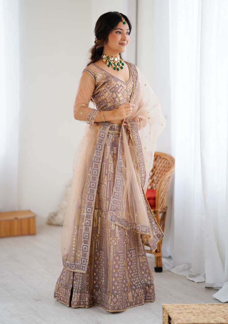 Peach Work Choli Net Lehenga with Sequins for Diwali | Wedding & Festive Wear - Indya