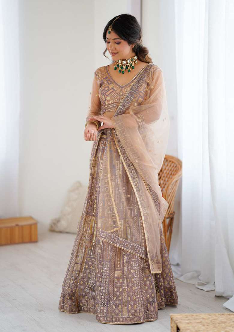 Peach Work Choli Net Lehenga with Sequins for Diwali | Wedding & Festive Wear - Indya