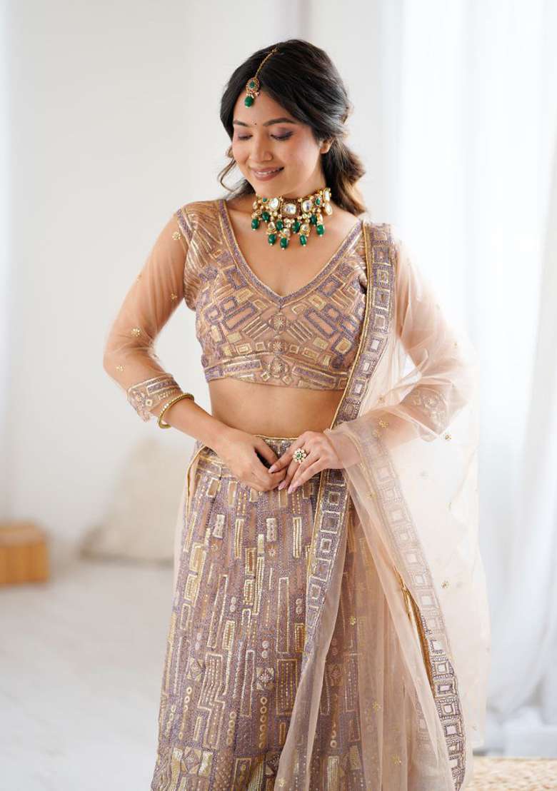 Peach Work Choli Net Lehenga with Sequins for Diwali | Wedding & Festive Wear - Indya