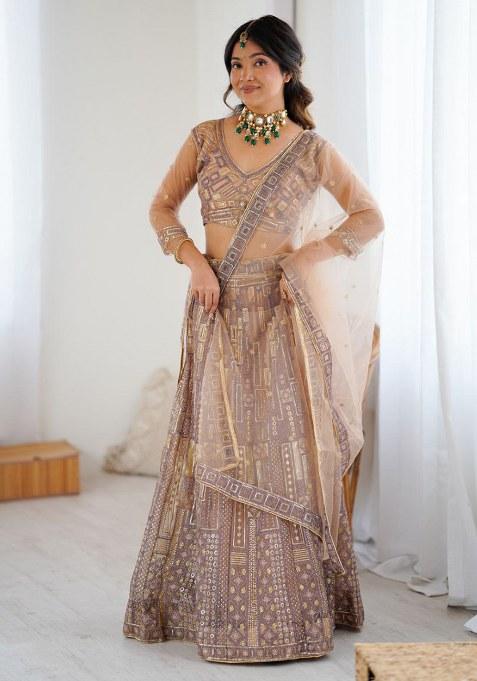 Peach Sequins Work Net Lehenga Choli
