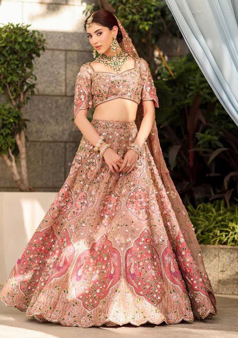 Peach Sequins Work Silk Lehenga Choli