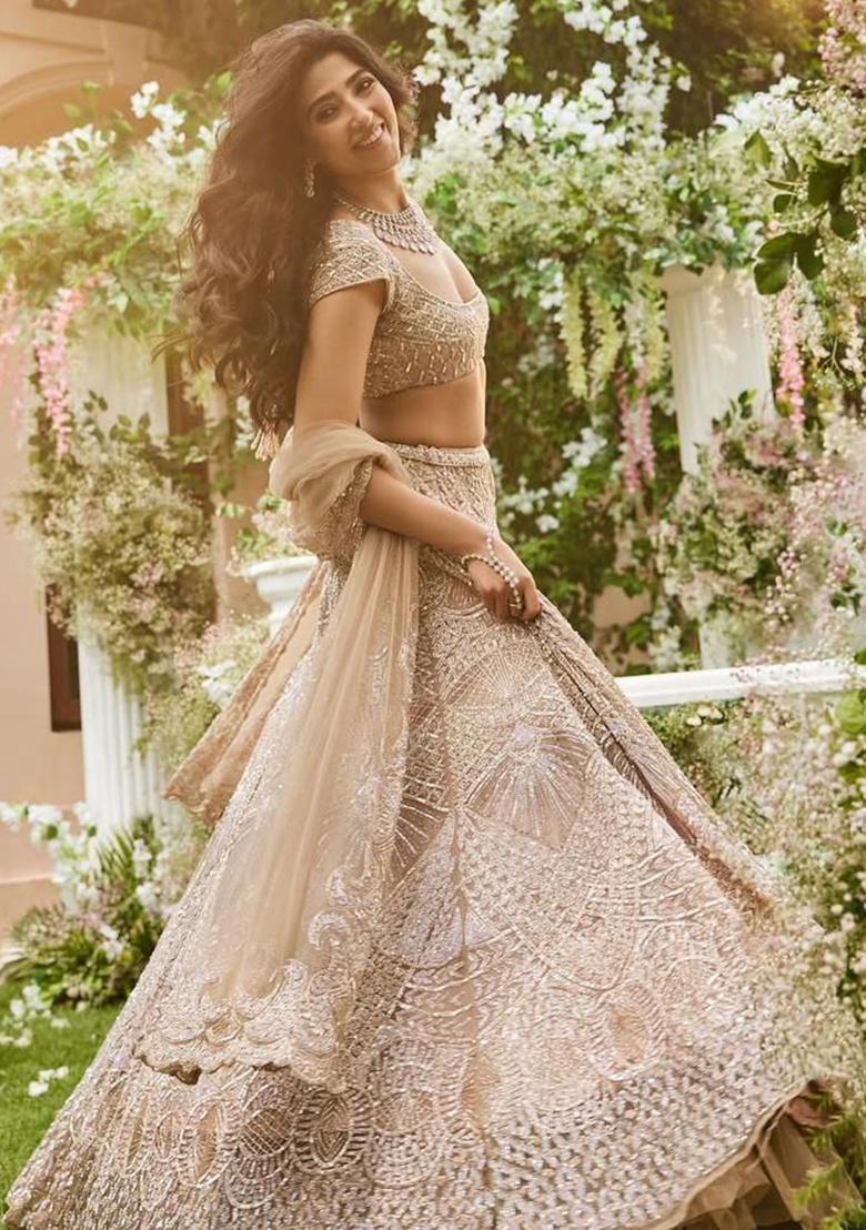 Beige Sequins Work Net Lehenga Choli