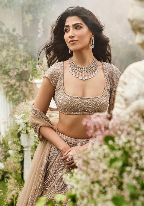 Beige Sequins Work Net Lehenga Choli